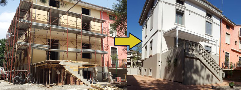 Prima e dopo la ristrutturazione di un edificio a Parma